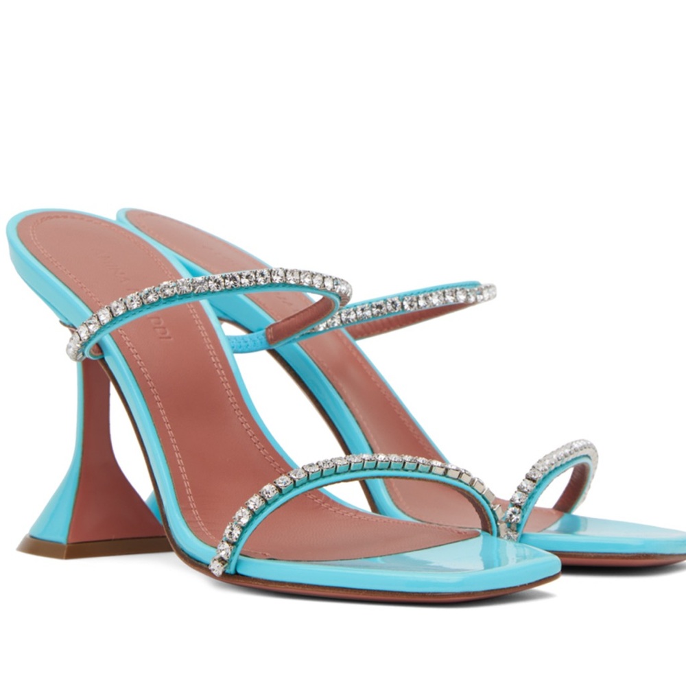 Amina Muaddi Blue Gilda Slipper 95 MM Heeled Sandal, size 38